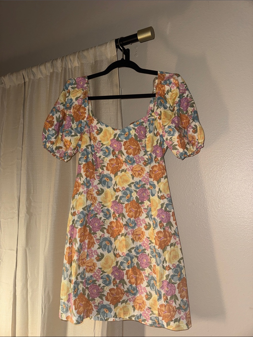 Lush Yellow, Orange, Pink & Blue Floral Puff-Sleeve Mini Dress